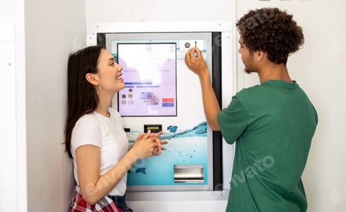 Preview: Young adults interacting with a modern vending machine in a casual setting