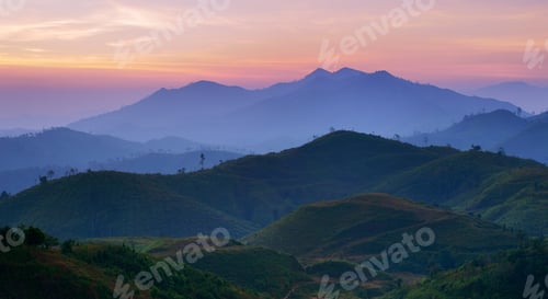 Preview: Landscape of sunrise over mountains in Kanchanaburi,Thailand