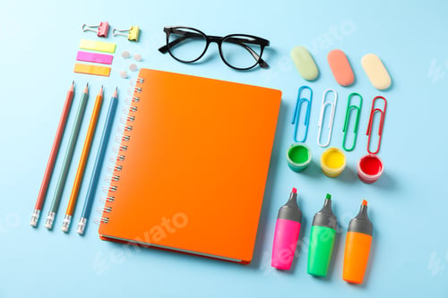 Preview: Flat lay composition with school supplies on color background, space for text