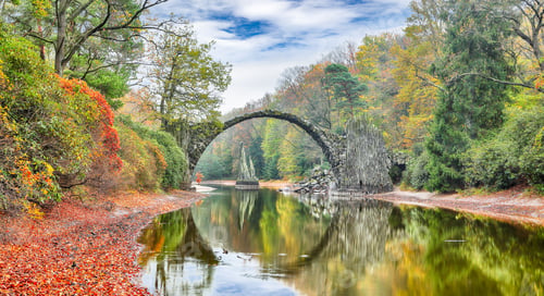 Preview: Astonishing autumn landscape in Azalea and Rhododendron Park Kromlau. Rakotz Bridge