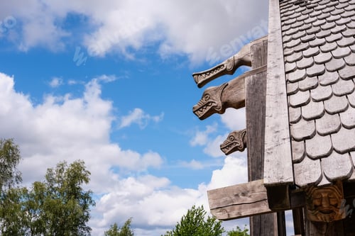 Preview: Detail of a wooden construction, inspired by the Viking architecture of northern Europe.