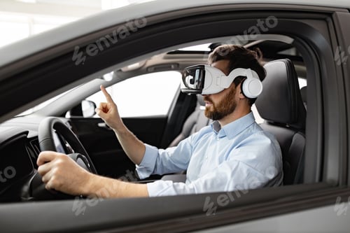 Preview: Man using VR headset while sitting in car exploring technology