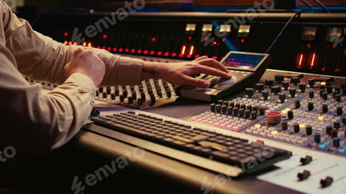 Preview: Audio technician uses mixing console and faders in control room