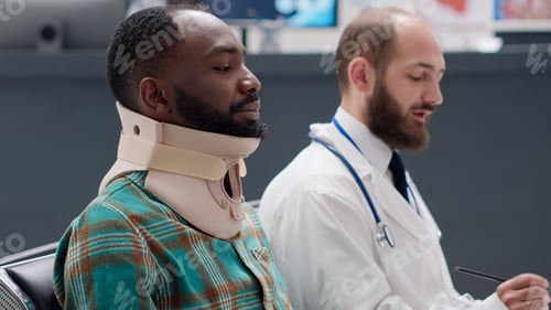 Preview: African american patient with medical neck collar talking to physician