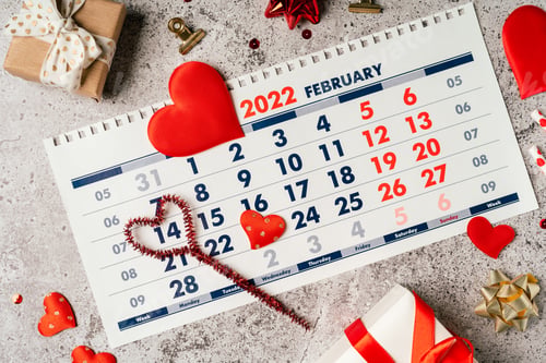 Preview: Calendar for valentine day. Flat lay, top view. 14 February.