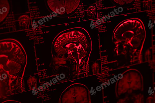 Preview: MRI or magnetic resonance imaging of the head and brain in red light. Close-up
