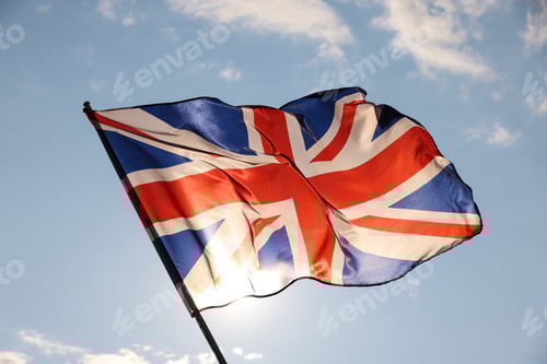 Preview: UK Great Britain flag waving in cloudy blue sky
