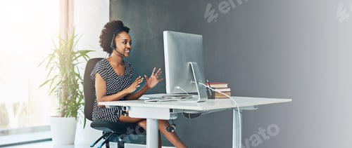 Preview: Banner, call center and computer with business black woman in office for consulting, customer servi