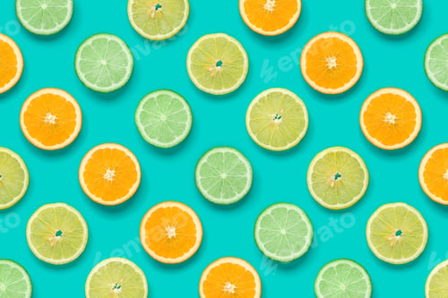 Preview: Citrus Fruit pattern on blue background. Orange, Lime, Lemon slices background. Flat lay, top view.