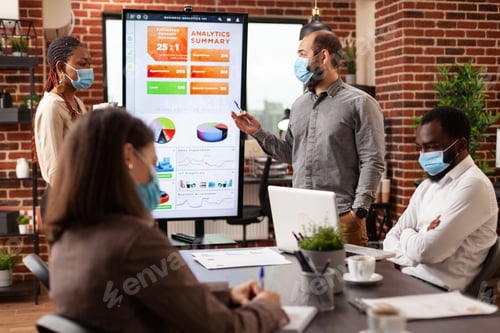 Preview: Entrepreneurs pointing at management presentation explaining