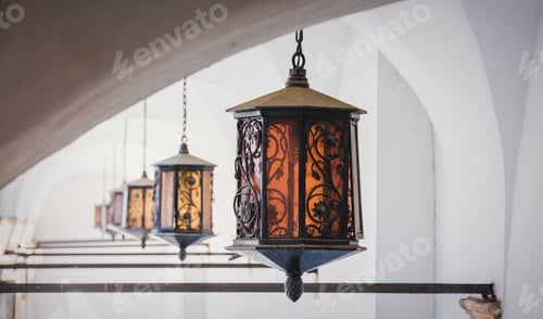 Preview: Aged lamps with metal and glass in medieval castle