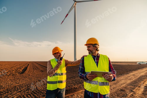 Preview: Men checking wind turbines at field and using technology