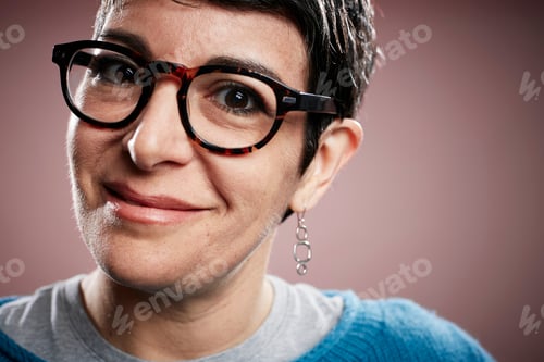 Preview: Close up studio portrait of mature woman wearing spectacles