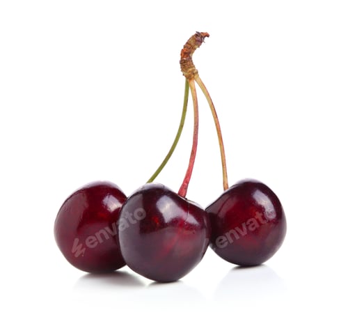 Three Fresh Cherries on a White Background