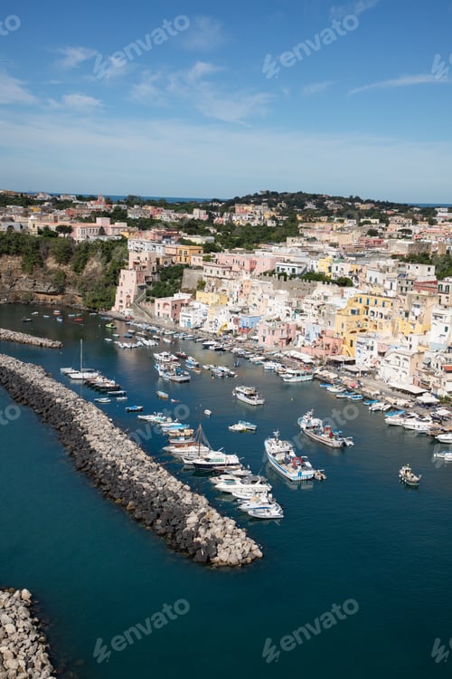 Preview: beautiful Procida island with colorful houses in sunny summer day, Italy