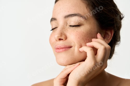 Preview: Beauty photo of smiling young woman with freckles on face isolate on white.