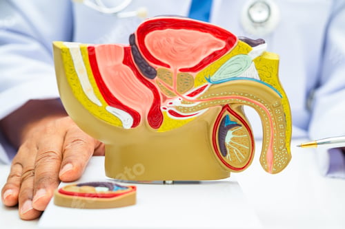Preview: Male reproductive system, Asian doctor holding human anatomy