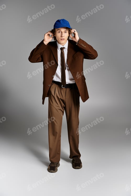 Preview: A stylish young man in a brown suit and cap poses confidently in a studio