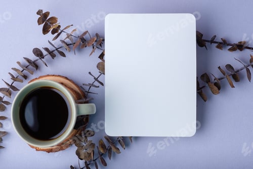Preview: blank poster with coffee cup with eucalyptus leaves on pastel violet background