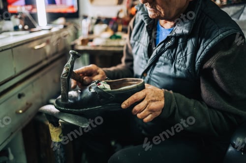 Preview: Close up of a senior shoemaker repairing shoe at workshop.