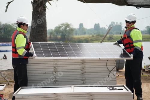 Preview: Renewable Energy Eco Technology Electric Power. Floating solar panels on lake.
