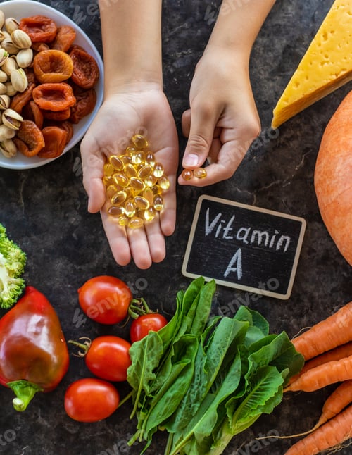 Preview: Products containing vitamin A. Selective focus.
