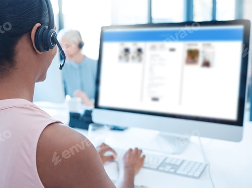 Preview: Call center, customer service and computer with a woman consultant working at her desk in a telemar