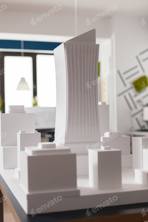 Preview: Closeup of 3D white foam architectural scale model of skyscraper building