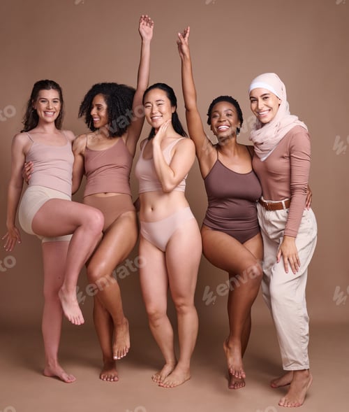 Preview: Beauty, diversity and group of women in studio for wellness, fashion and body positivity on brown b