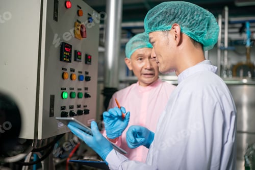 Preview: worker working in drink factory at conveyor belt with fruit juice glass bottled in production line