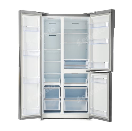 Preview: Empty stainless steel refrigerator isolated on white