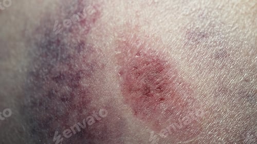 Preview: Big bruise hematoma after hit on human body skin. Congestion, macro