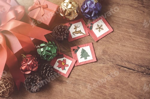 Preview: Red gift box on wooden background, Christmas concept