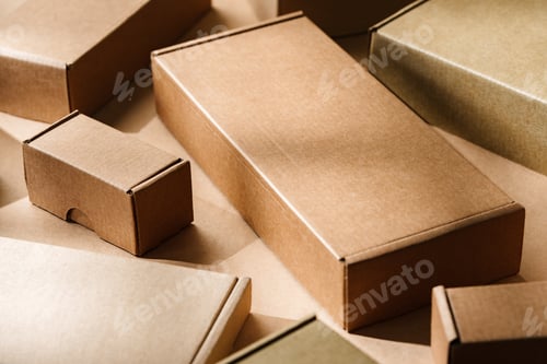 Preview: Multiple cardboard boxes arranged on a surface for packaging and shipping in a warehouse setting