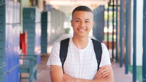 Preview: Portrait Of Smiling Male High School Student Standing Outside College Building