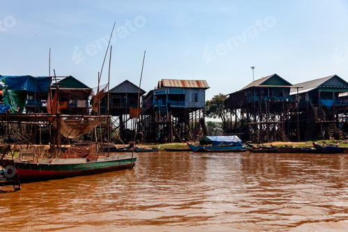 Preview: Kampong Phluk village during drought season. Life, work of residents of Cambodian village on water