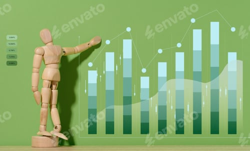 Preview: Wooden mannequin and graph with growing indicators on a green background.