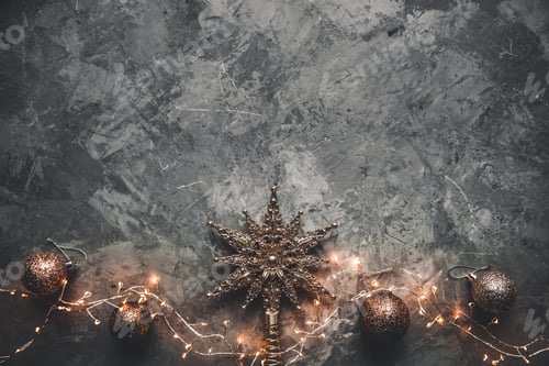 Preview: Holiday frame of Christmas decorations on blue dark stucco concrete background with fir branch
