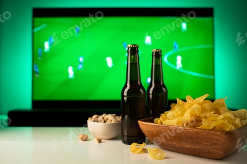 Preview: Beer and snacks set on football match tv background
