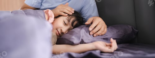 Preview: asian children girl are sleep on bed at home, little young cute daughter having bedtime to relax