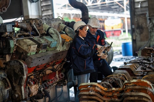 Preview: Maintenance manager and engineer checking part large engine supercharger prepare for overhaul repair