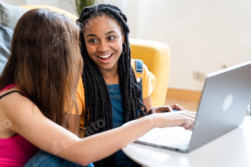 Preview: Female friends using laptop to browse fashion websites.