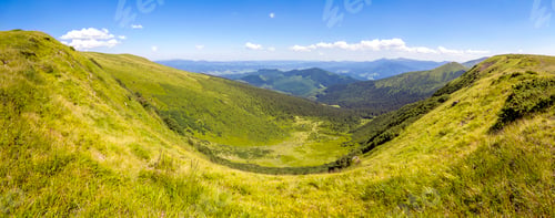 Preview: Panorama of Carpathian mountains in summer sunny day. Amazing mountain valley
