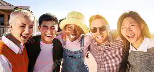 Preview: Smiling panoramic portrait of cheerful group of young people. Happy friends excited having fun.