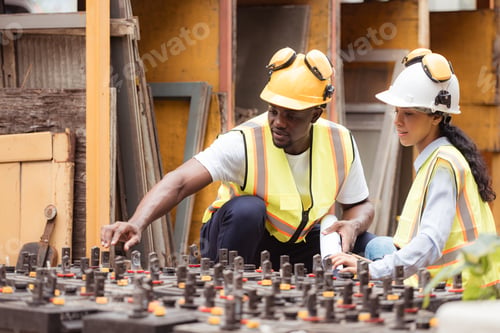 Preview: Railway technicians worker in safety vest and helmet inspect the battery in the train workshop.