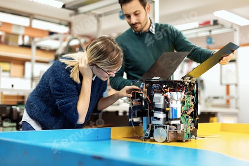 Preview: Young attractive students of mechatronics working on project