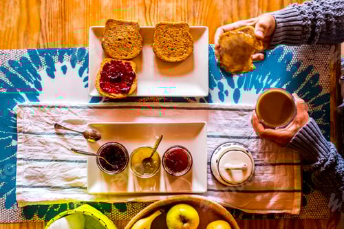 Preview: Breakfasy healthy morning time viewed from vertical above view people woman with toasted bread