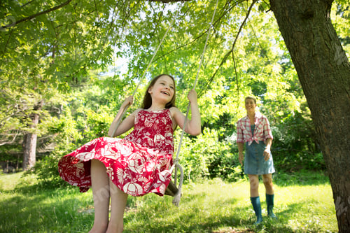 Preview: Summer. A girl in a sundress on a swing under a leafy tree. A woman standing behind her.
