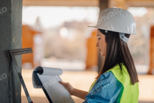 Preview: Female architect inspecting a construction site with plans and set square