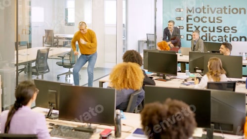 Preview: Happy coworker dancing happily on a corridor